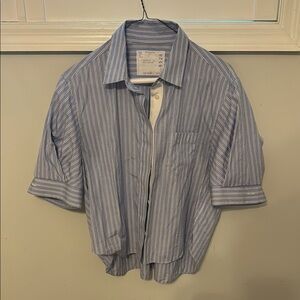 Blue and White Striped Button Down Shirt with Notched Collar